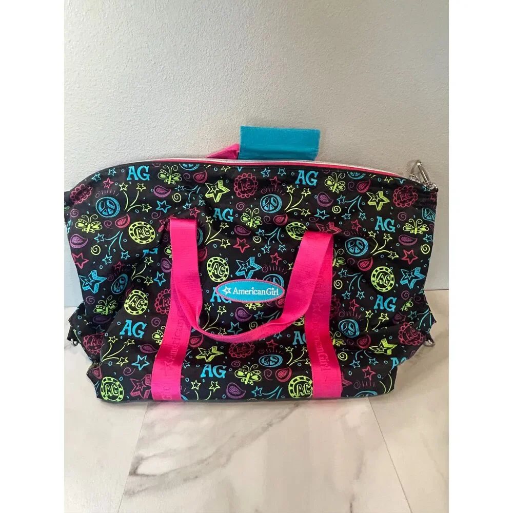 American Girl Duffle Tote Bag 20 x 16 Black Multicolor Pink Straps
